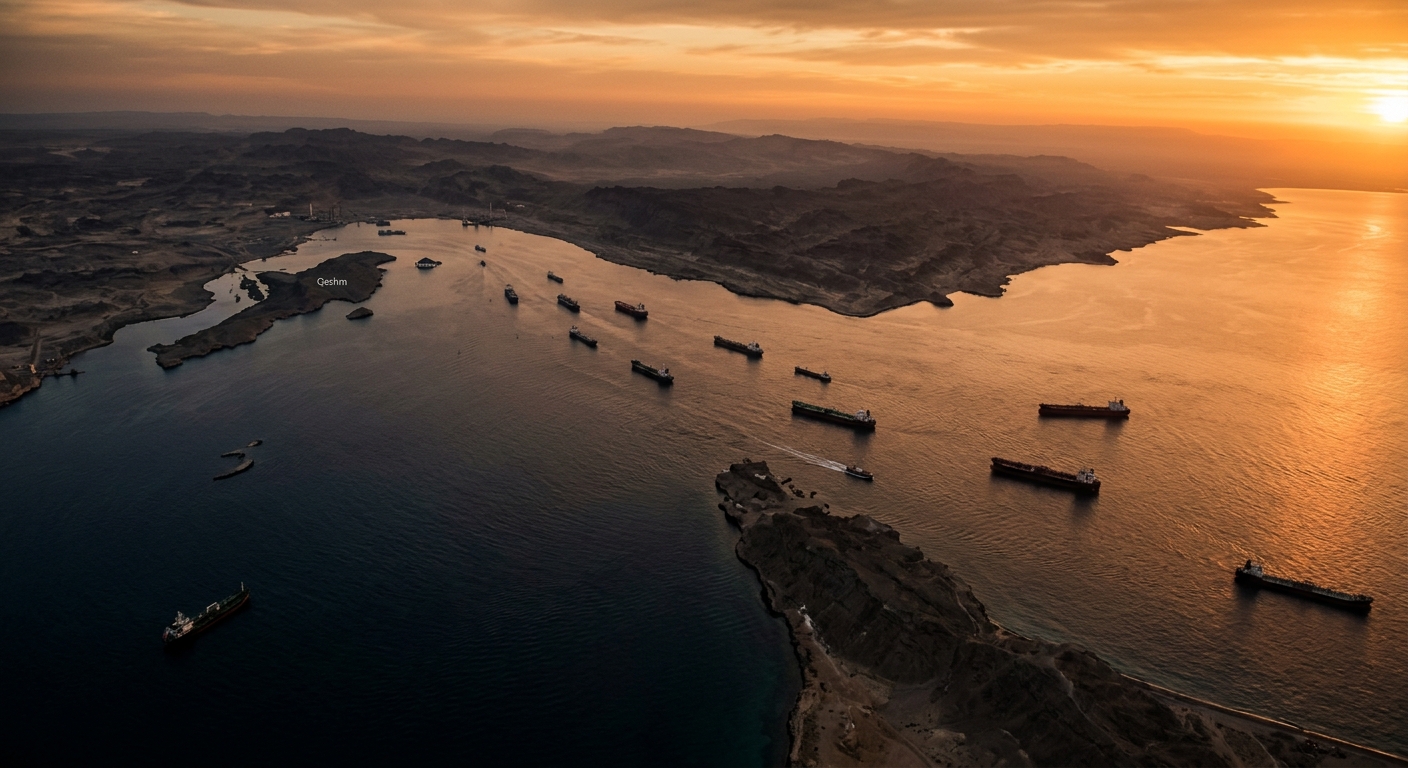 Editorial photo of the Strait of Hormuz waterway at dawn with tanker silhouettes