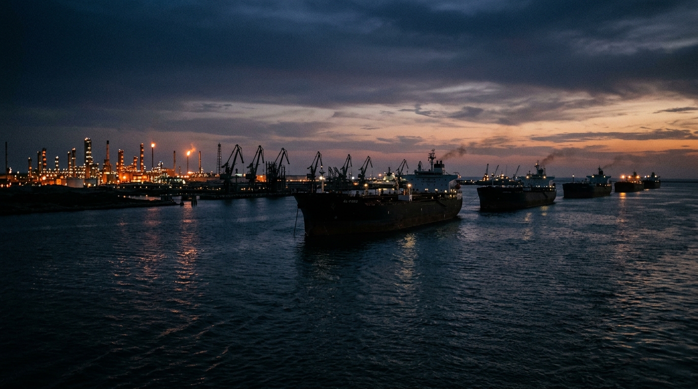 Oil tankers idling near a Gulf coastline at dusk