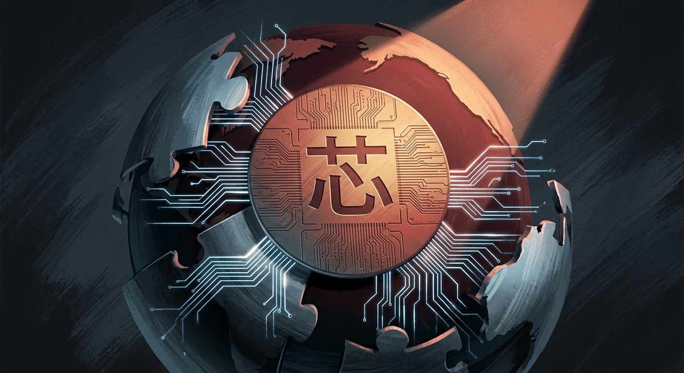 Editorial illustration of a silicon wafer stamped with a Chinese character over a fragmented globe