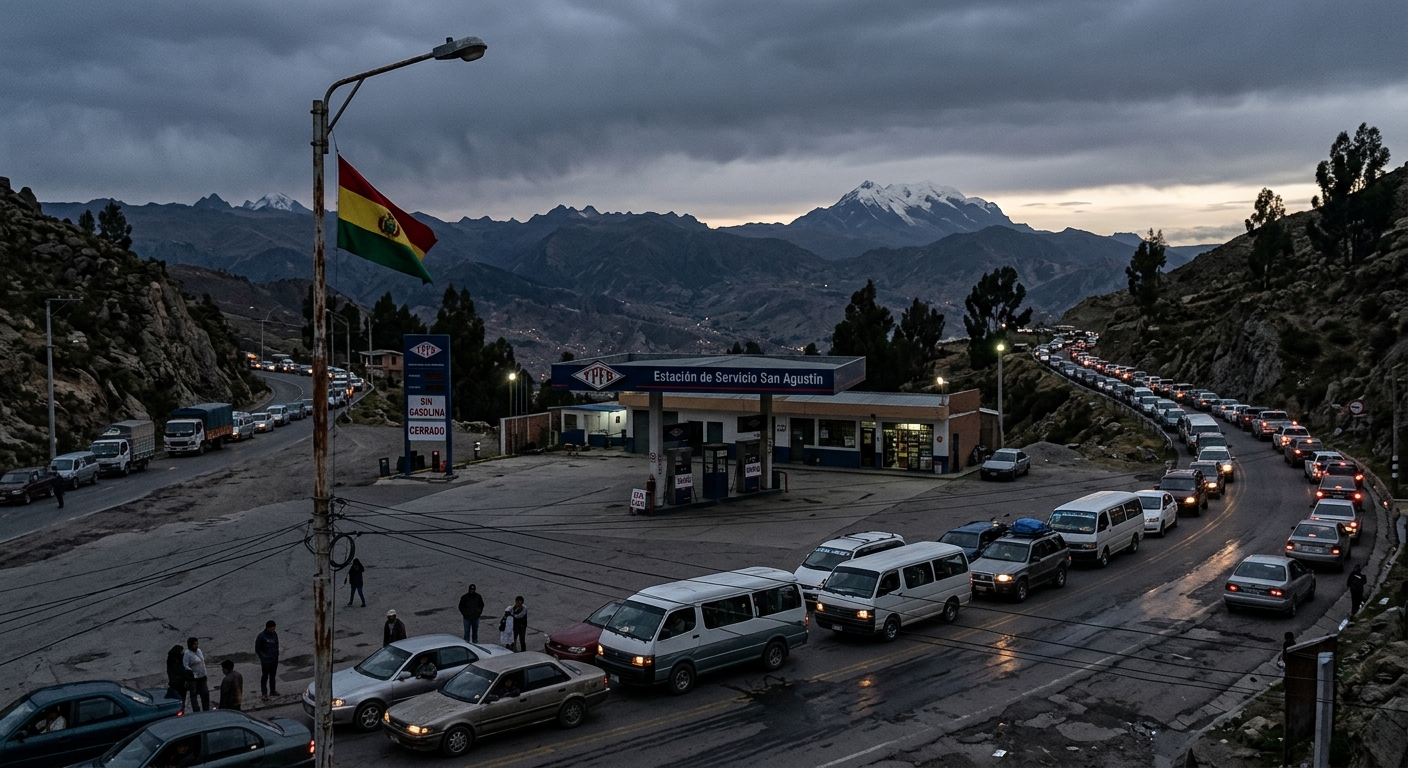 Empty gas station at dusk in La Paz, Bolivia, with a long queue of parked cars snaking down a highland road; Andes mountains silhouetted in the background; a Bolivian flag hanging limp on a lamppost. Muted photojournalistic tones, wide angle.