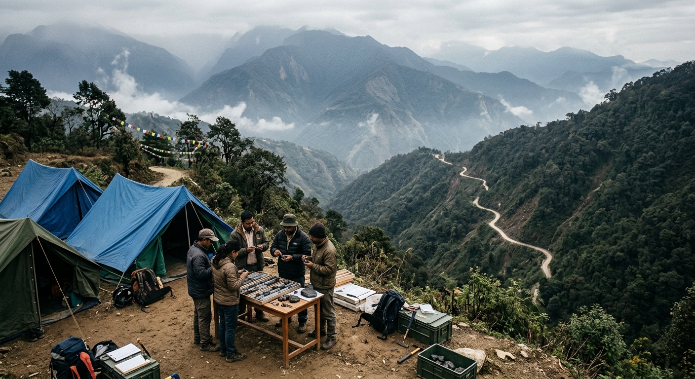 Geologists survey graphite outcrops in the forested valleys of Arunachal Pradesh