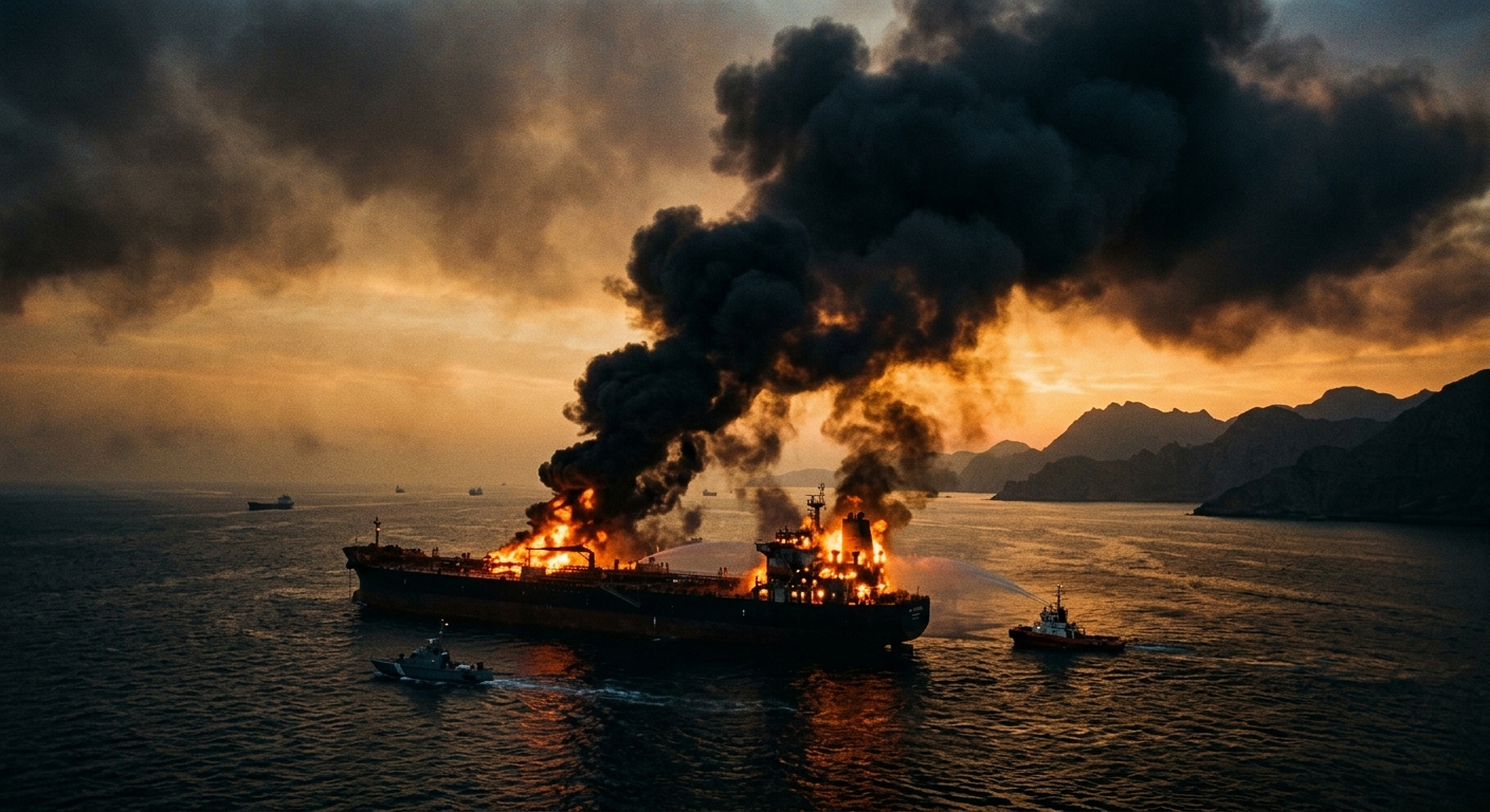 A tanker on fire in the Strait of Hormuz at dawn