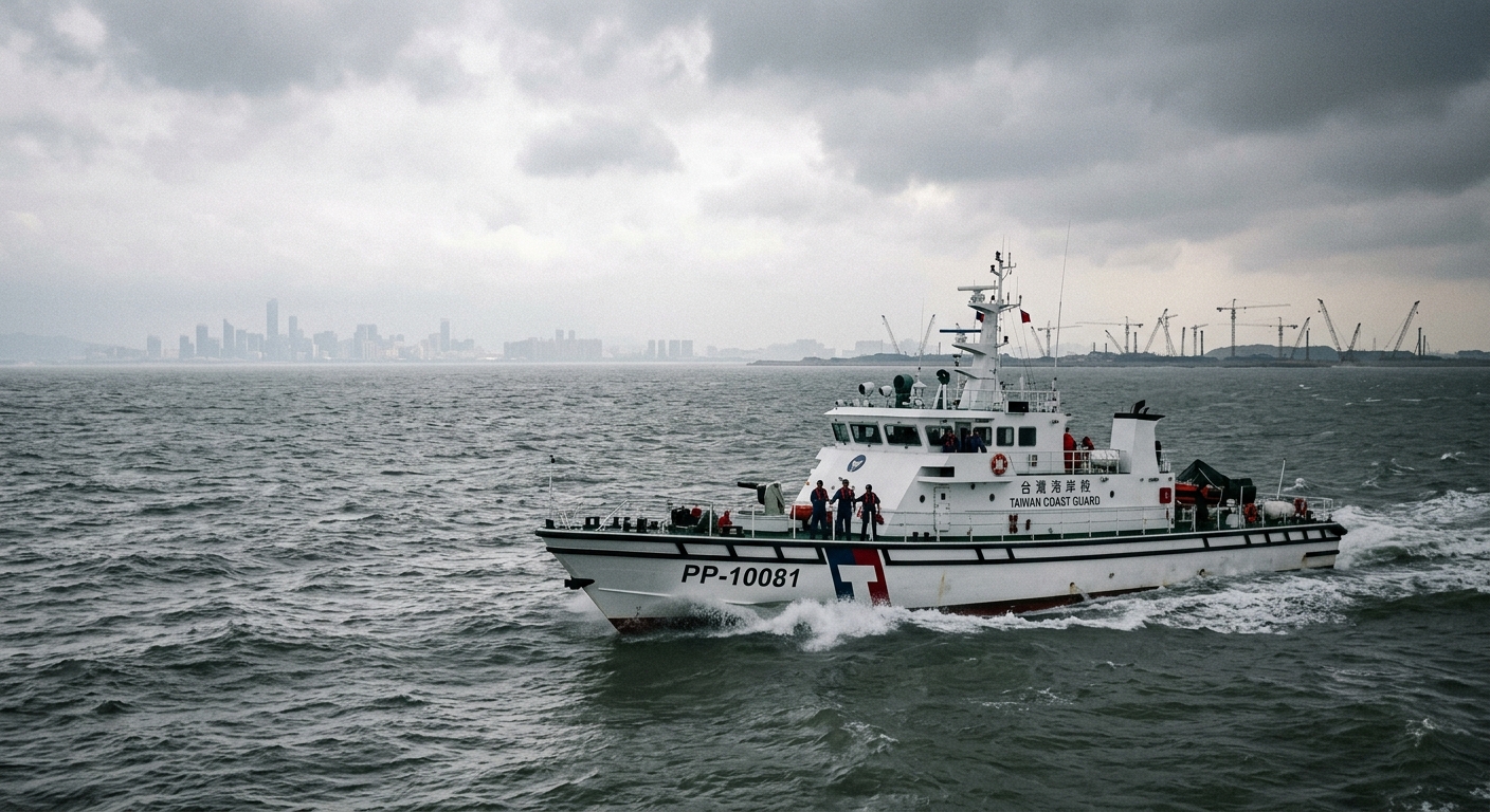 A Taiwan Coast Guard patrol vessel with visible hull number PP-10081 (100-ton class) sailing in the Taiwan Strait off Kinmen, with the Xiamen skyline and cranes at the Xiang'an airport reclamation site visible in the hazy distance on the horizon.