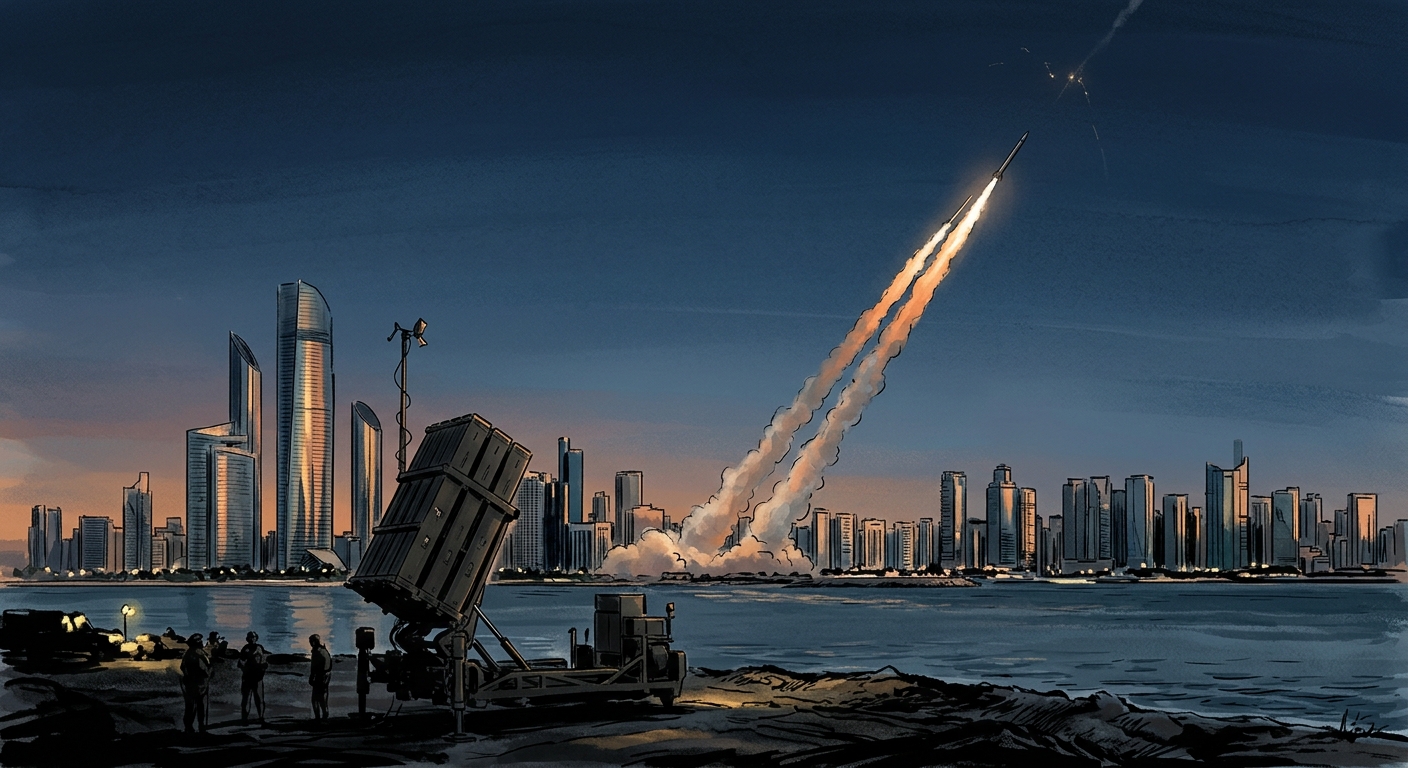 Editorial illustration: an Iron Dome missile-defence launcher silhouetted against a dusk Gulf skyline with skyscrapers of Abu Dhabi in the distance, an interceptor streaking upward, muted photojournalistic tones
