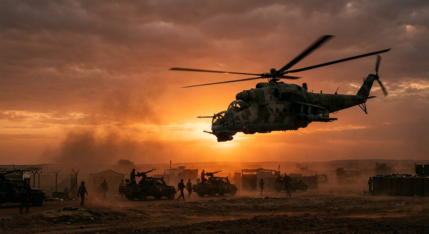 A Russian Mi-24 attack helicopter flying low over the Sahel