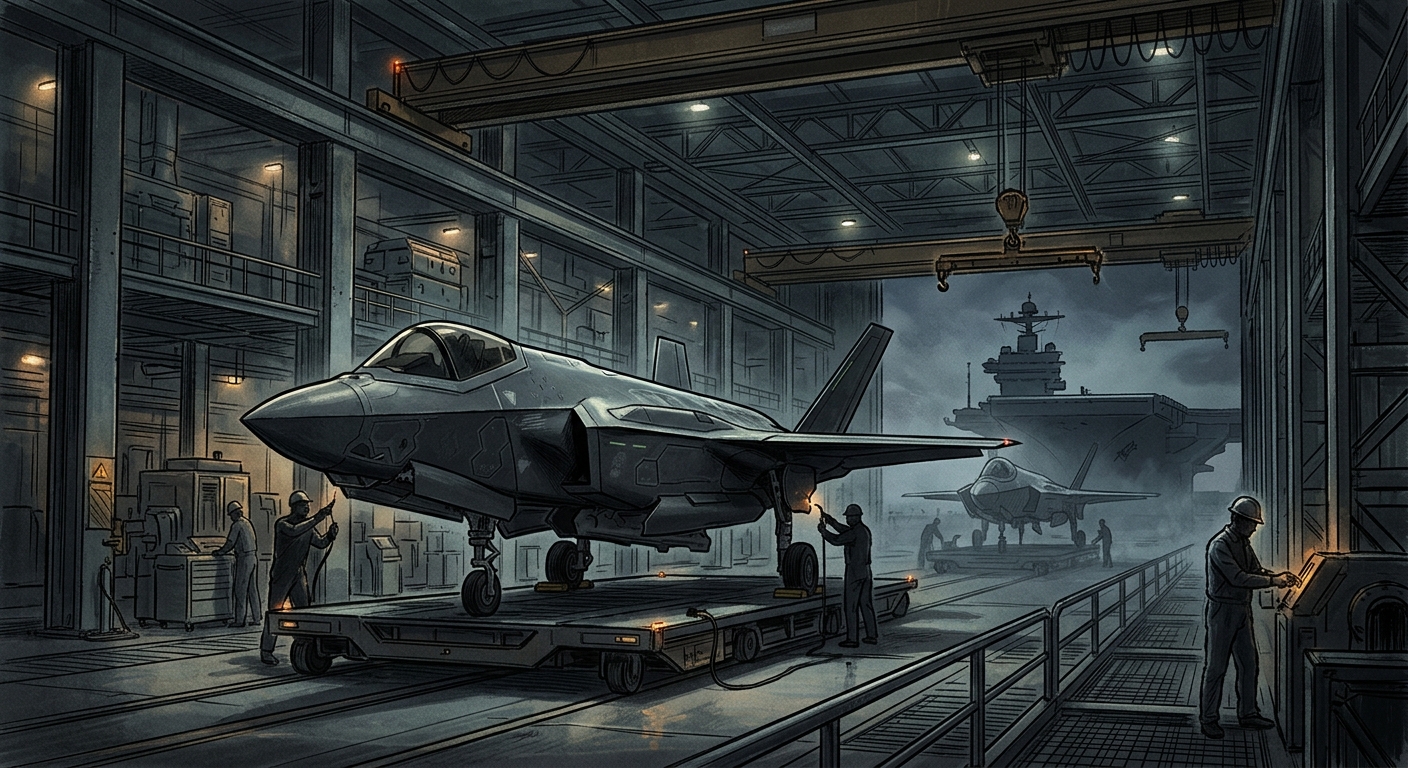 Editorial illustration: stealth fighter on production line