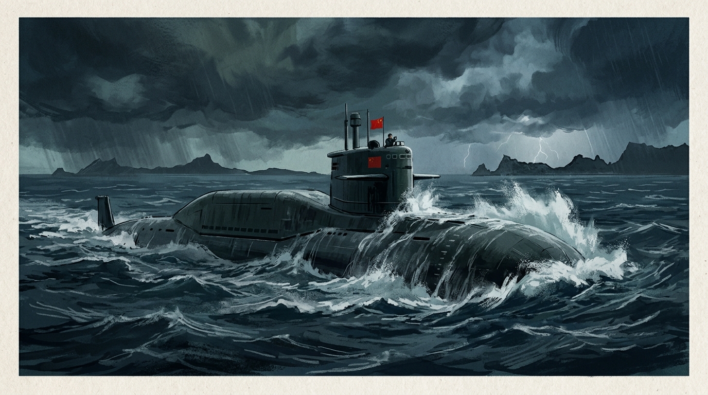 Editorial illustration: a Chinese Type 094 Jin-class ballistic missile submarine surfacing in the deep blue South Pacific under stormy skies, with silhouettes of Pacific island atolls on the horizon.