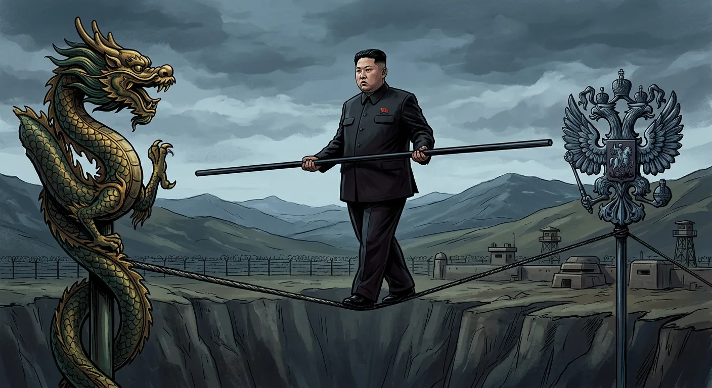 Editorial illustration: Kim Jong Un standing on a tightrope balanced between a Chinese dragon emblem on the left and a Russian double-headed eagle on the right, with barbed wire and military fortifications visible along the southern horizon.