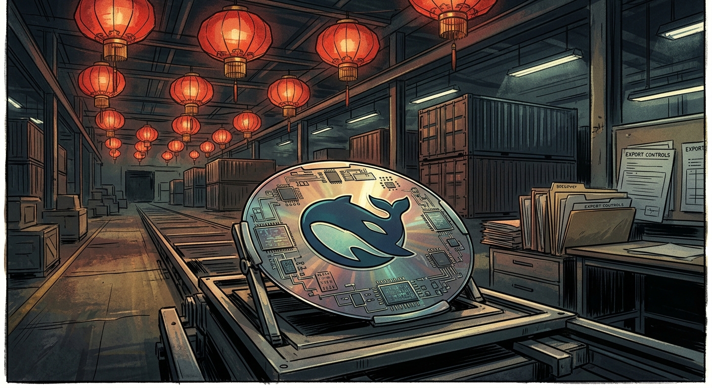 Editorial illustration: a stylized silicon wafer bearing the DeepSeek whale logo on a factory floor with red Chinese lanterns overhead, faint export-control paperwork in the background.