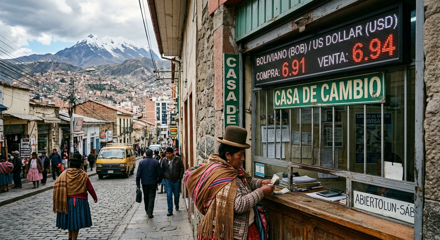 A currency exchange window in La Paz, Bolivia, with a digital board showing the boliviano-dollar exchange rate. Andean mountains visible in the background.