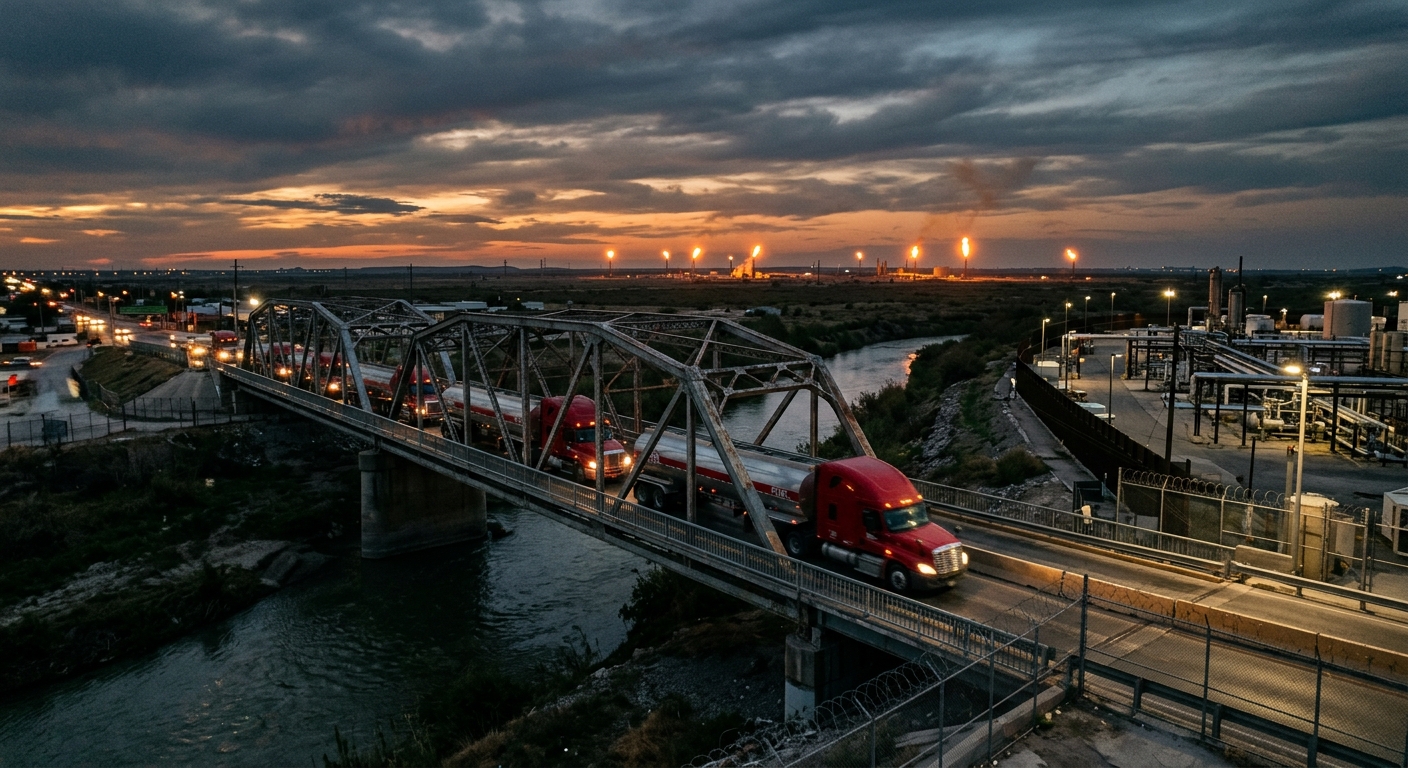 A line of red fuel tanker trucks crossing a bridge over the Rio Grande at dusk, US-Mexico border, industrial pipelines visible on the Texas side, Permian Basin flare stacks in the distance.