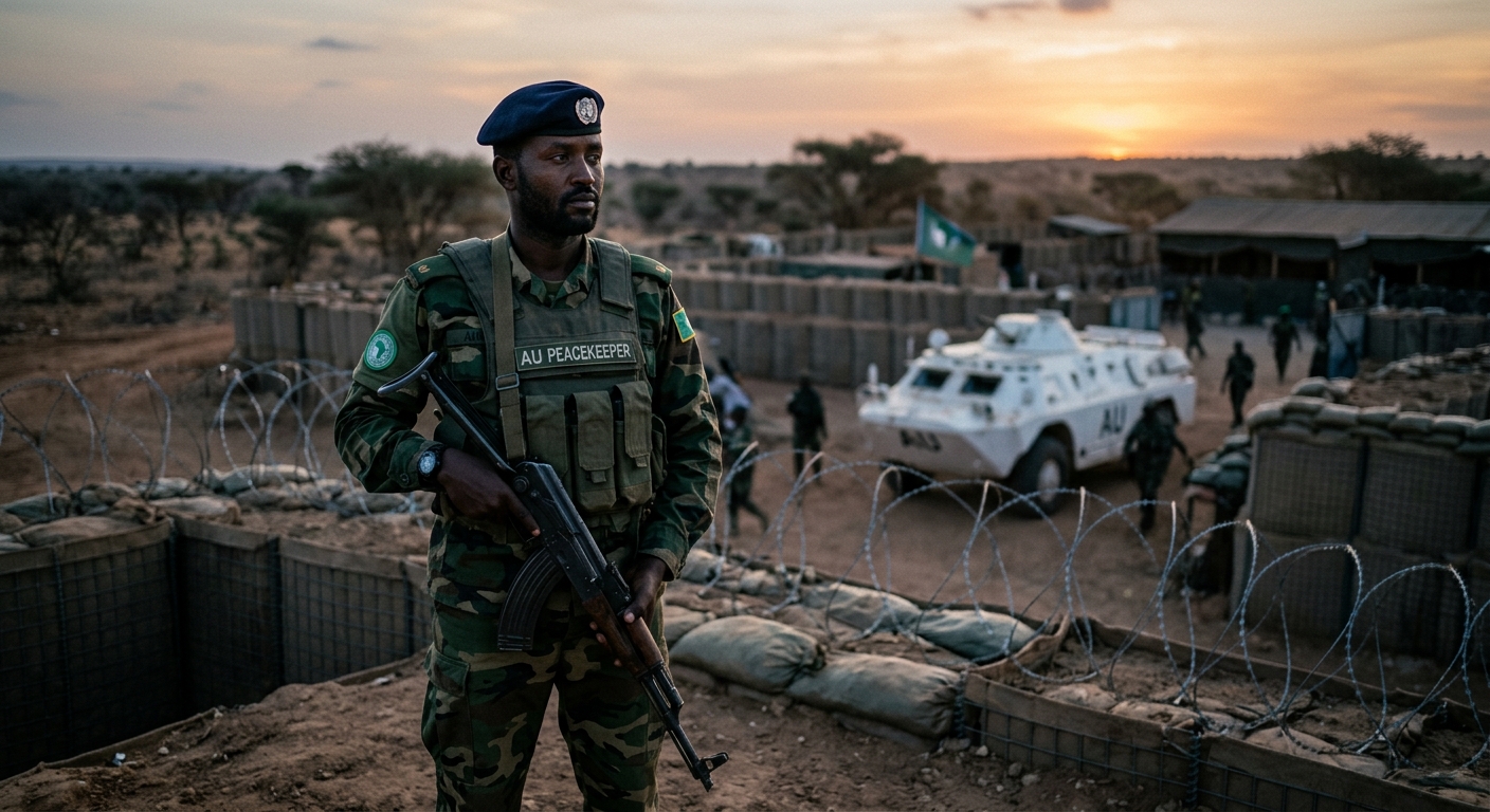 An African Union peacekeeper in green fatigues and blue AU beret standing watch at a fortified forward operating base at dusk in southern Somalia