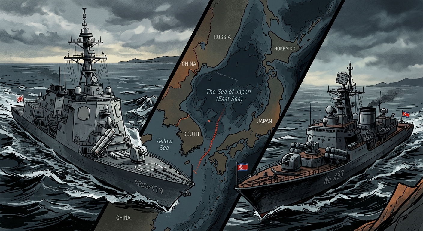 Editorial illustration: a Japanese Aegis destroyer and a North Korean Choe Hyon-class 5,000-ton destroyer facing each other across a stylised map of the Sea of Japan