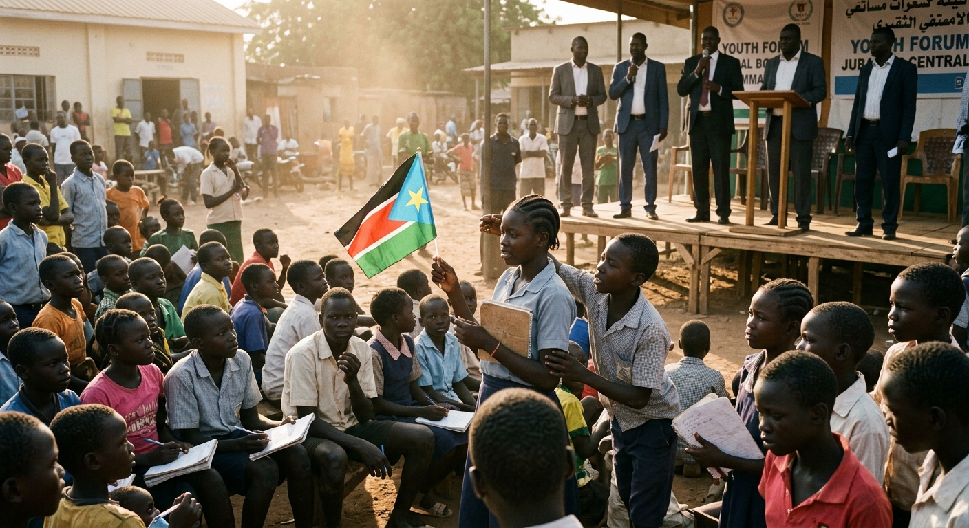 South Sudanese children and teenage students in a Juba courtyard holding notebooks and a small flag, looking toward a stage where officials speak