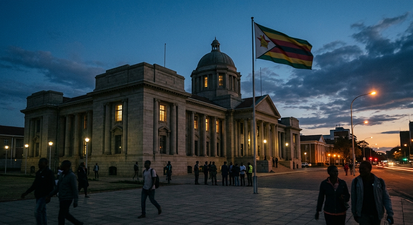 Parliament of Zimbabwe at dusk with the national flag flying