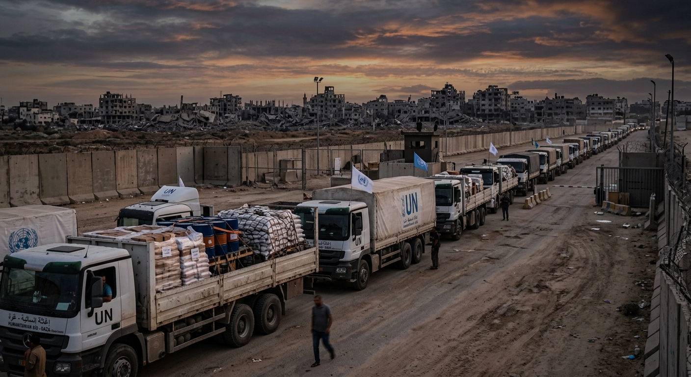 Aid trucks queued at the Kerem Shalom crossing outside Gaza at dusk, pallets of food and fuel visible, distant destroyed skyline of Gaza City on the horizon