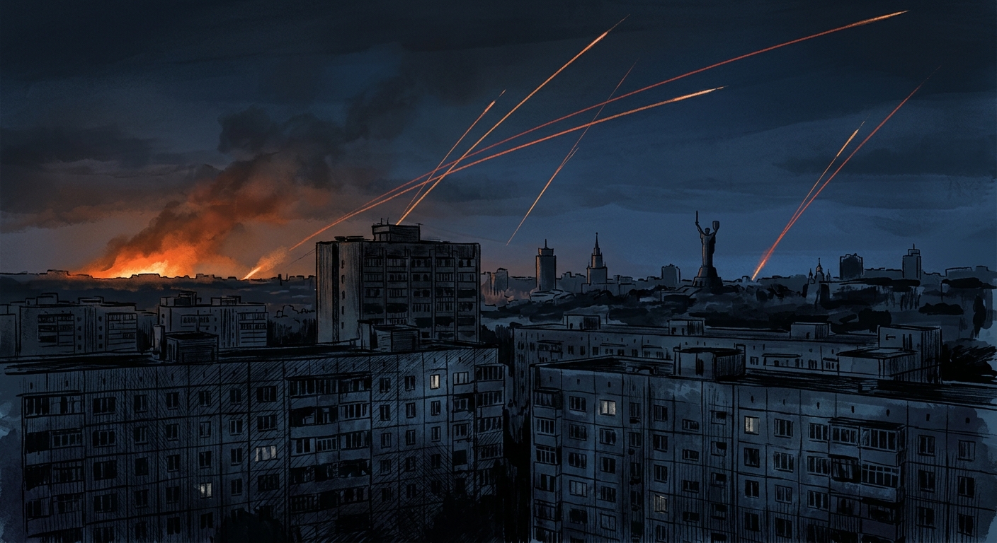 Editorial illustration: night skyline of Kyiv with the silhouettes of apartment blocks in the foreground, orange glow of a distant fire on the horizon, air-defense tracer lines climbing into a dark blue sky.