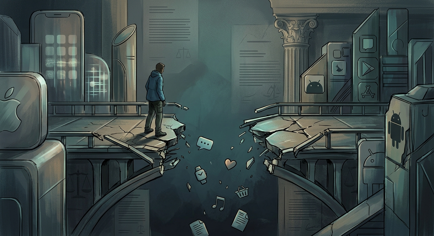 A conceptual editorial illustration showing a person standing at a divided bridge between two smartphone ecosystems — an iPhone on one side and an Android on the other. The bridge is cracked and partially broken, with data fragments (message bubbles, watch icons, payment symbols) falling into the gap between the two sides. A courthouse column and legal document overlay the scene subtly. Muted blue and green color palette, photojournalistic style.
