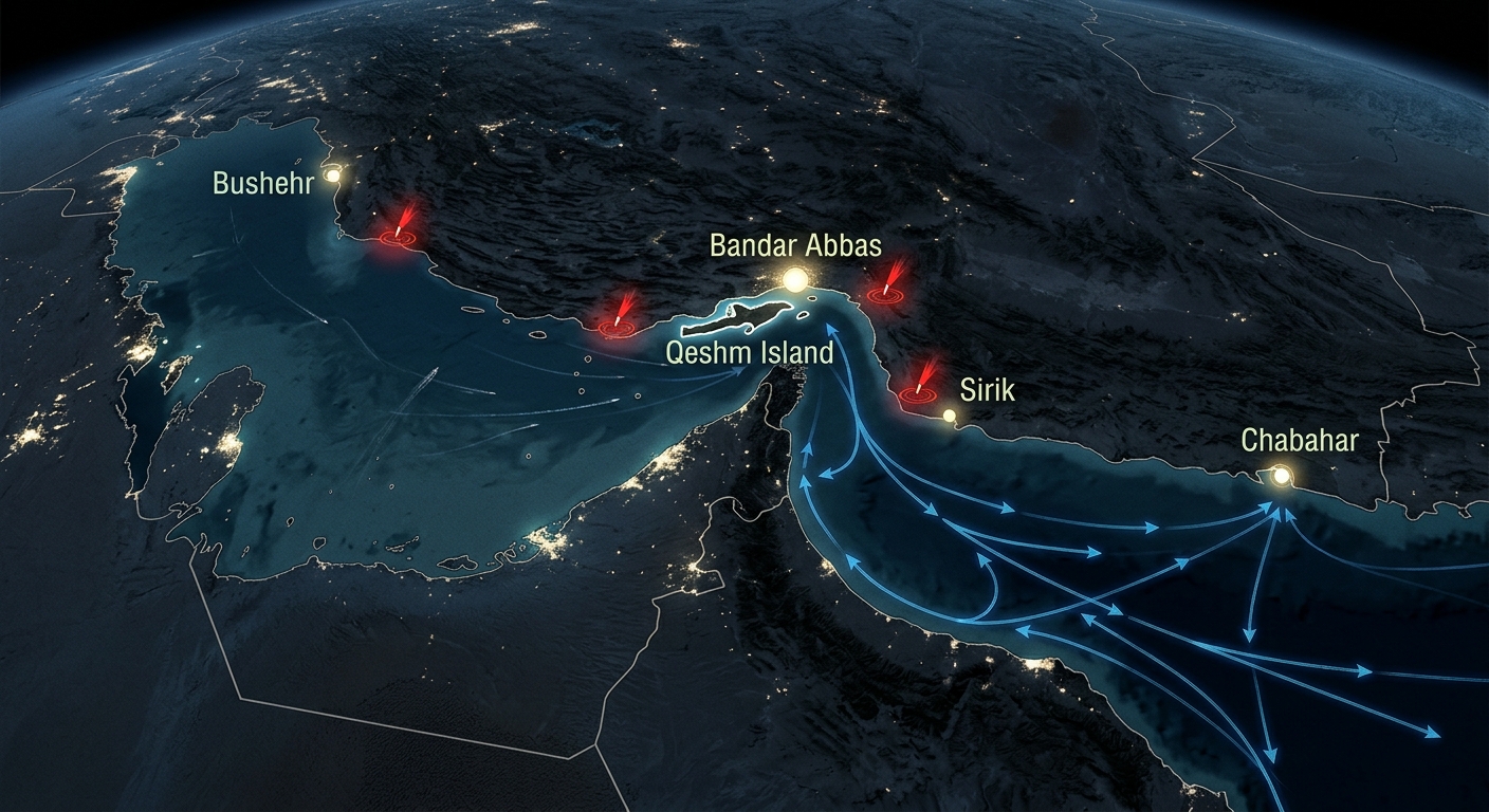 Map of the Strait of Hormuz flashpoints, July 2026