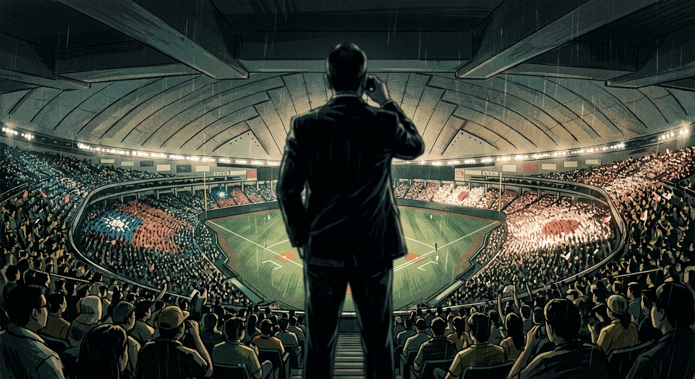 Editorial illustration of the Tokyo Dome at night with a suited official watching from the stands