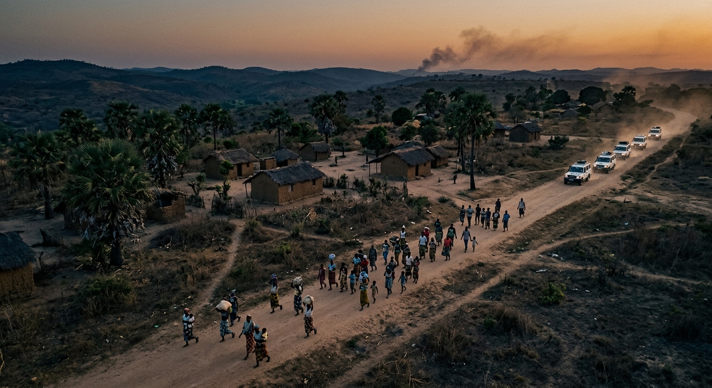 Displaced families in Cabo Delgado at dusk, with a distant white UN convoy on a dusty road