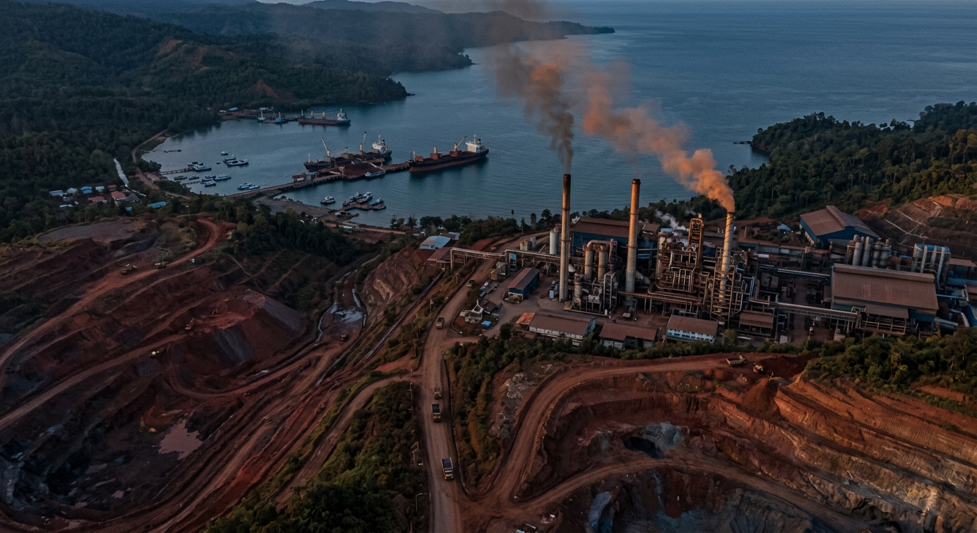Nickel smelter complex in Sulawesi at dusk