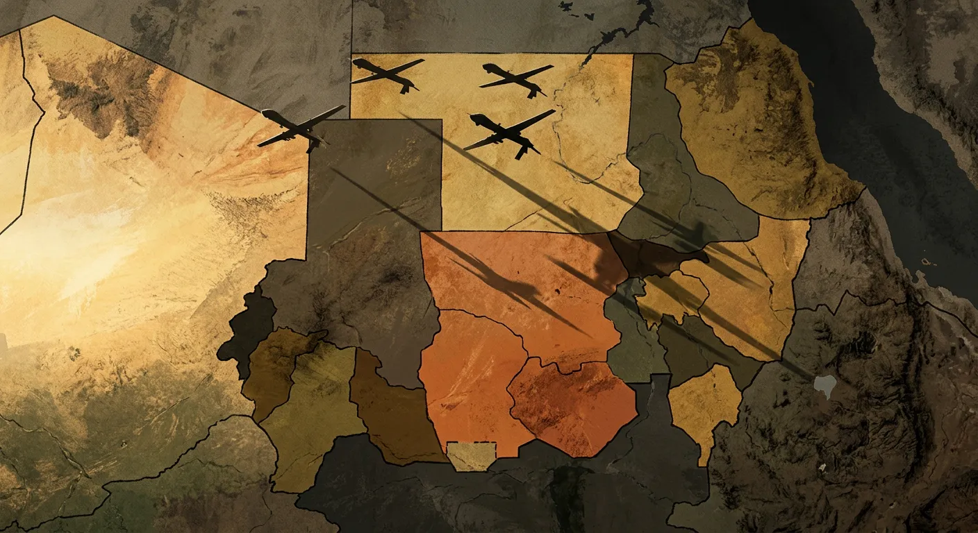 Editorial illustration of Sudan with Kordofan region highlighted under drone silhouettes
