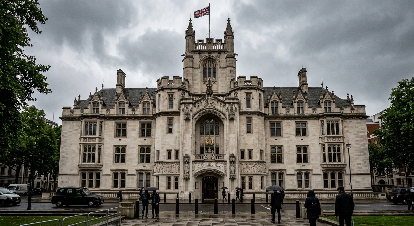 The exterior of the UK Supreme Court building at Parliament Square in London, where the Judicial Committee of the Privy Council sits, on a grey overcast day.