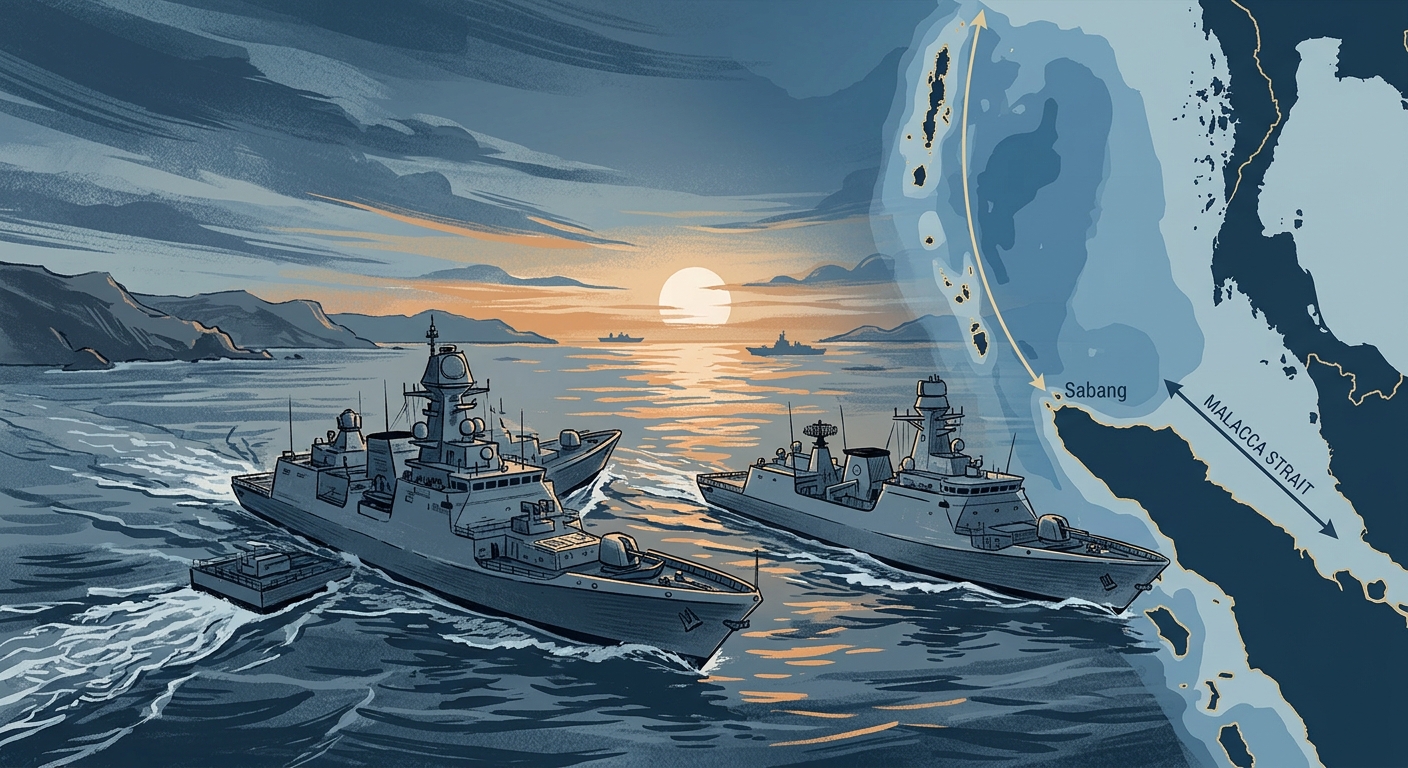Indian and Indonesian naval vessels steaming through the Malacca Strait with a map overlay of the Andaman-Aceh corridor