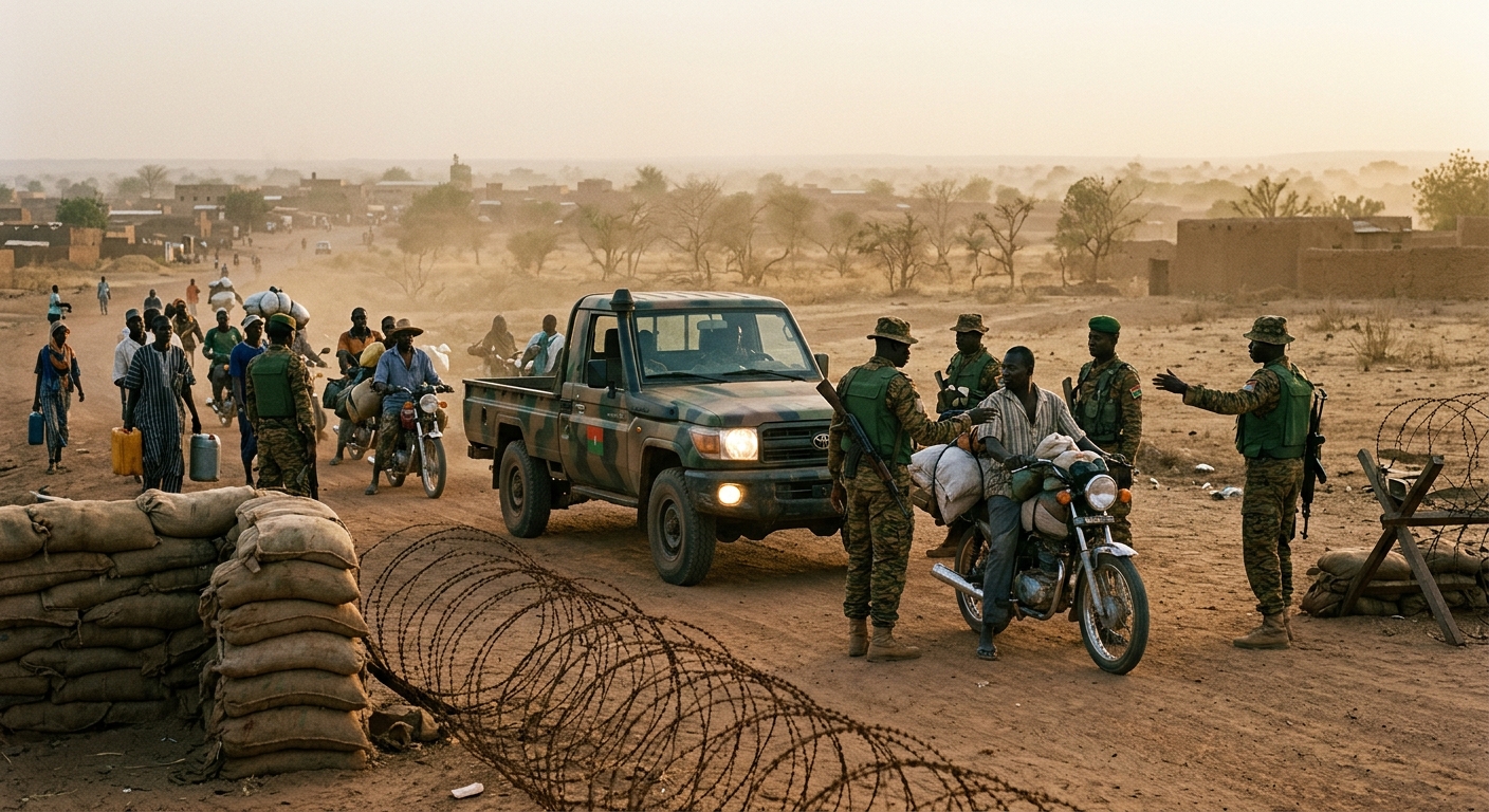 A dusty checkpoint on a road out of a besieged Sahel town at dawn: a Burkinabé army pickup with soldiers stopping civilians on foot and motorbikes carrying belongings