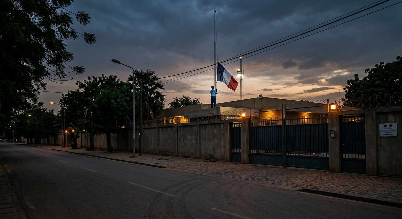 The French embassy compound in Ouagadougou at dusk, gates closed, tricolor flag being lowered.