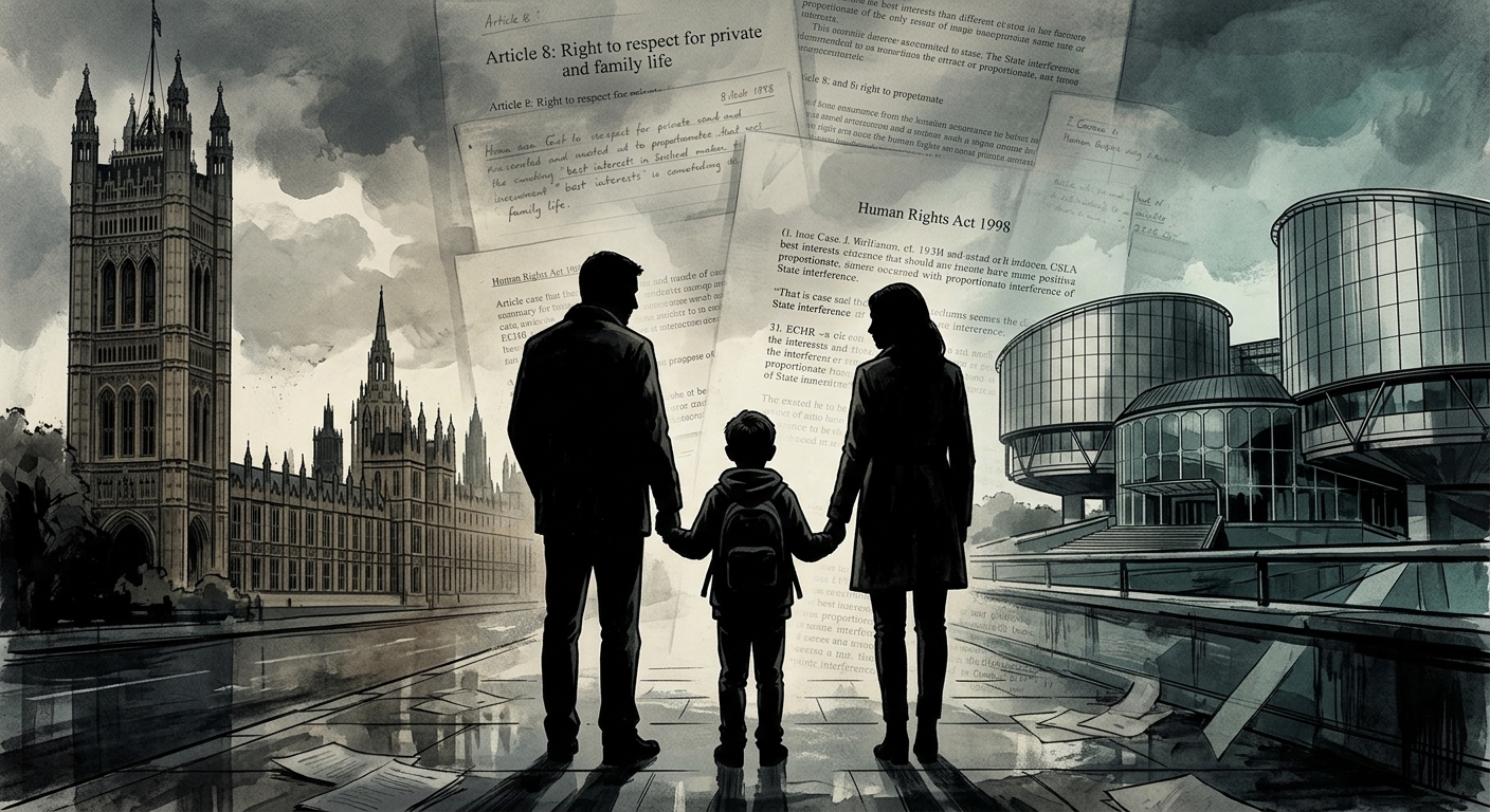 Editorial illustration: a child stands between the UK Parliament and the European Court of Human Rights, with faint Article 8 text in the background.