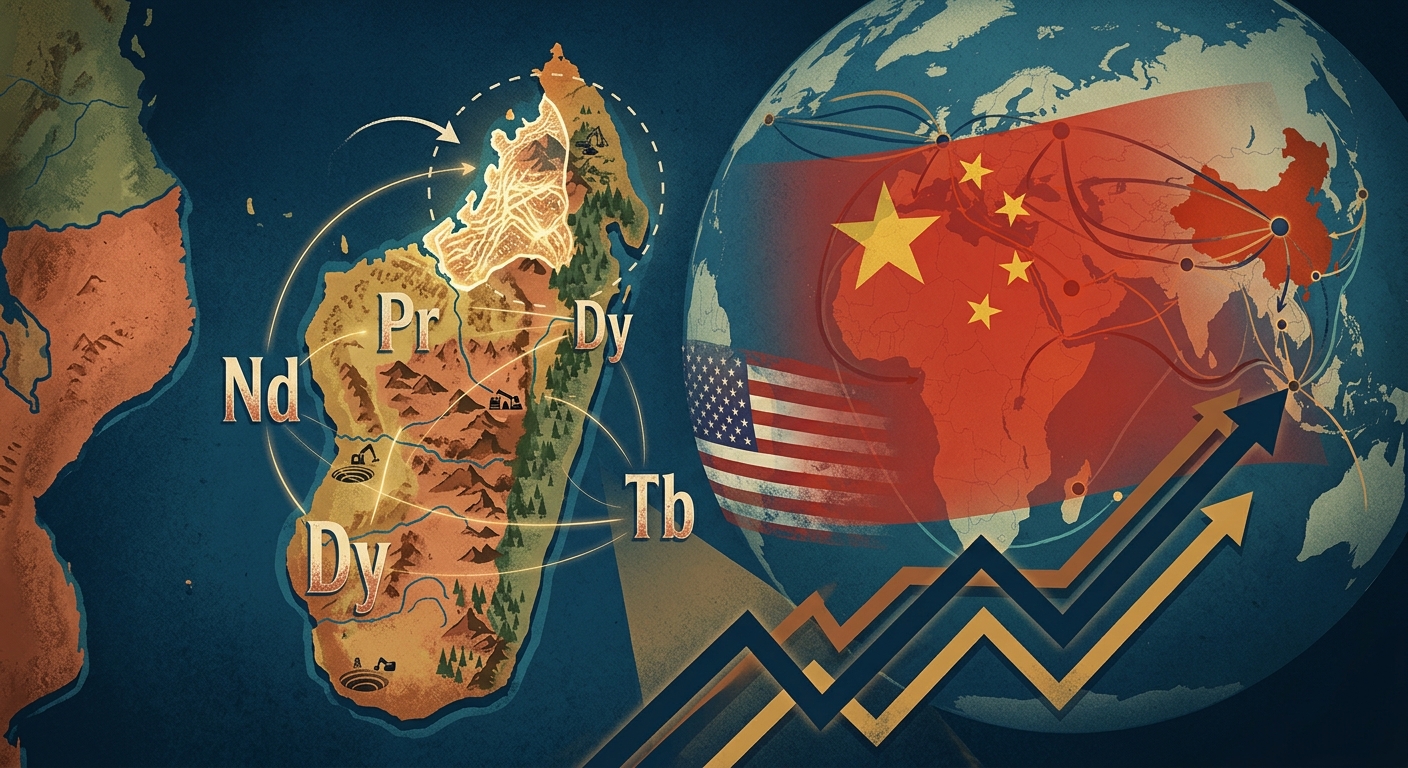 Editorial illustration: Madagascar rare earths map with US-China competition