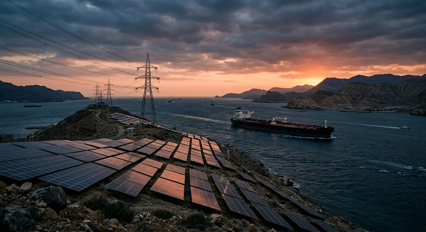 An oil tanker transiting the Strait of Hormuz at dusk, with a solar farm in the foreground.