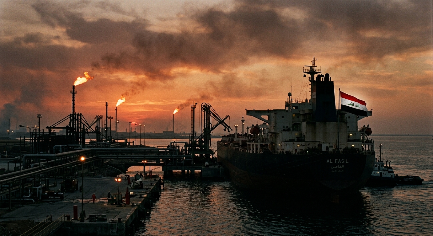 Editorial illustration: an oil tanker in Basra's Gulf terminals at dusk, Iraqi flag on the stern, silhouette of pipelines and flare stacks against a hazy orange sky. Muted photojournalistic tone, no text.