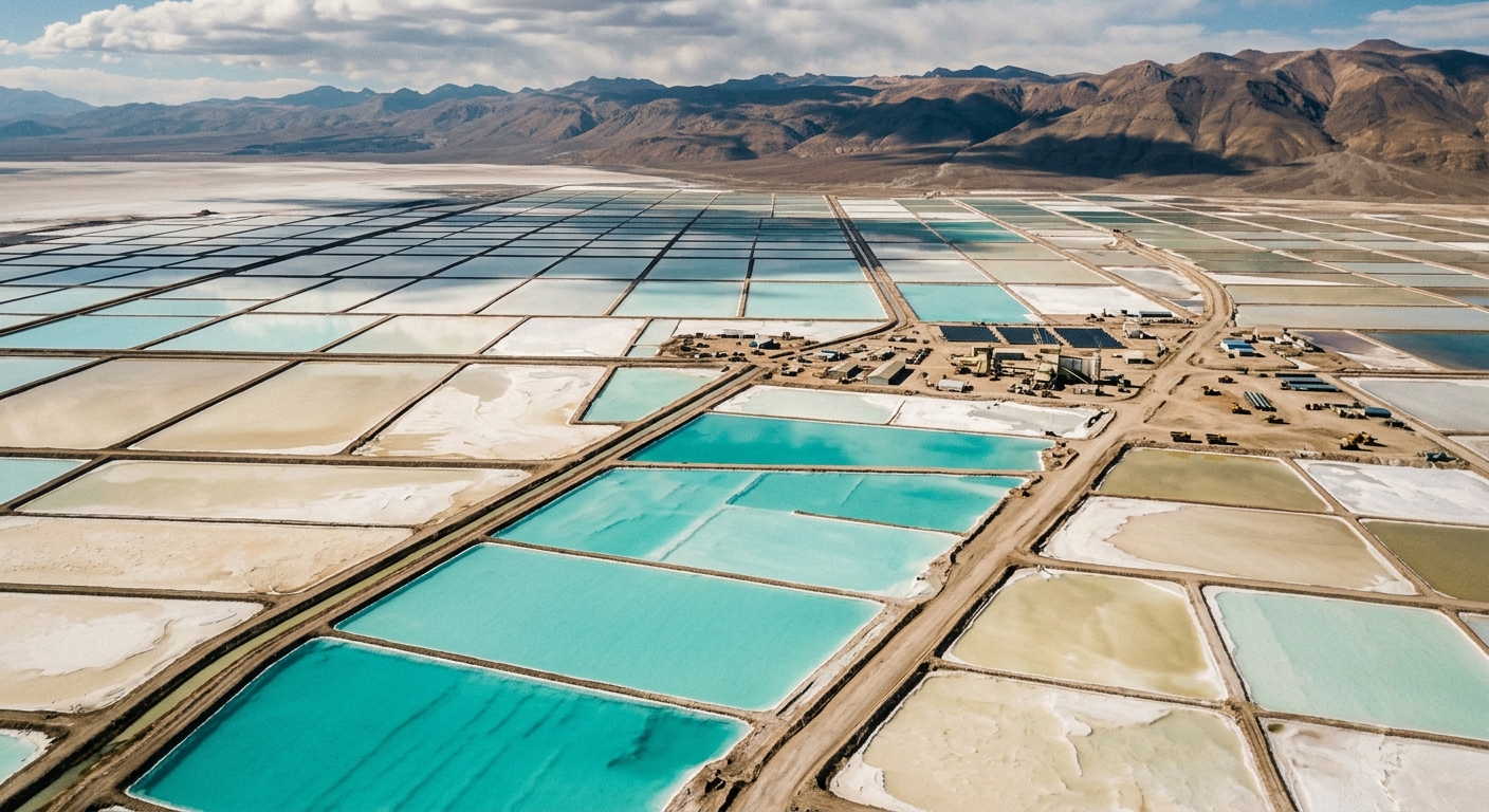 Aerial view of turquoise and white lithium brine evaporation ponds at Salar de Atacama, Chile