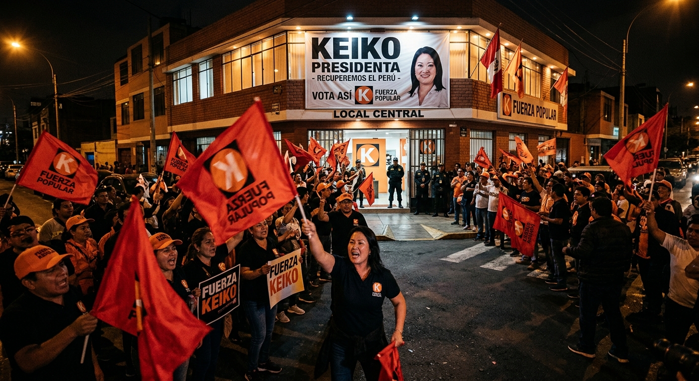 Keiko Fujimori supporters in Lima at night waving red Fuerza Popular flags outside campaign headquarters