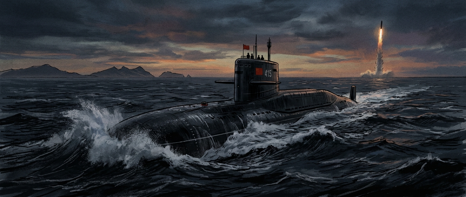 Editorial illustration: a Chinese nuclear-powered submarine surfacing in dark Pacific waters at dusk, a ballistic missile plume rising in the distance.