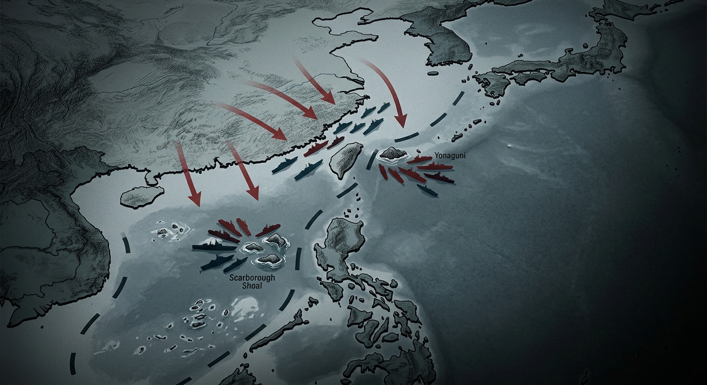 Editorial illustration: a stylized map of the First Island Chain from Japan through Taiwan to the Philippines, with China Coast Guard and PLA Navy vessel silhouettes clustered around Scarborough Shoal, the Taiwan Strait, and Yonaguni; muted grey-blue palette, red pressure arrows radiating outward from the mainland, small dashed line representing the nine-dash claim. No text labels.