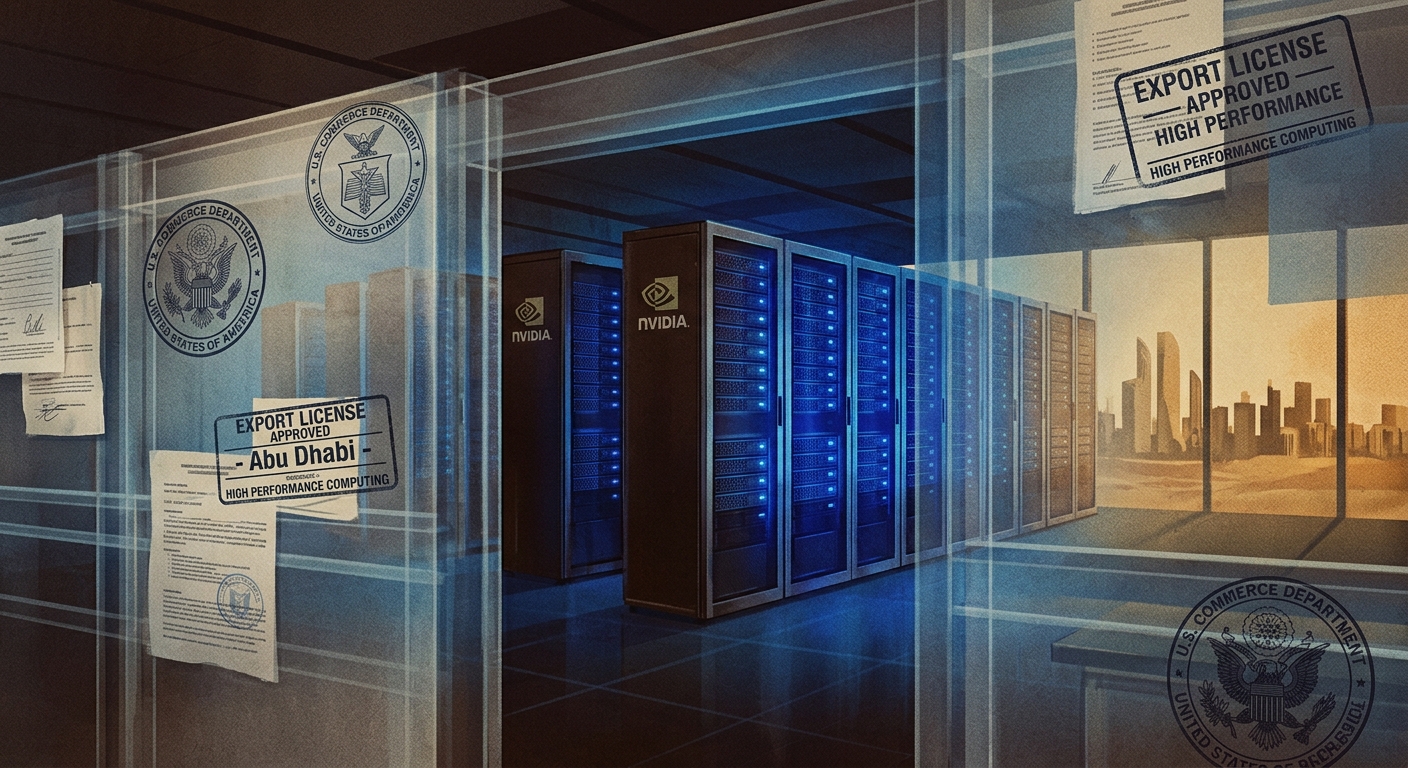 Editorial illustration: Nvidia server racks glow behind a translucent U.S. Commerce Department checkpoint, with the Abu Dhabi skyline in warm desert light.