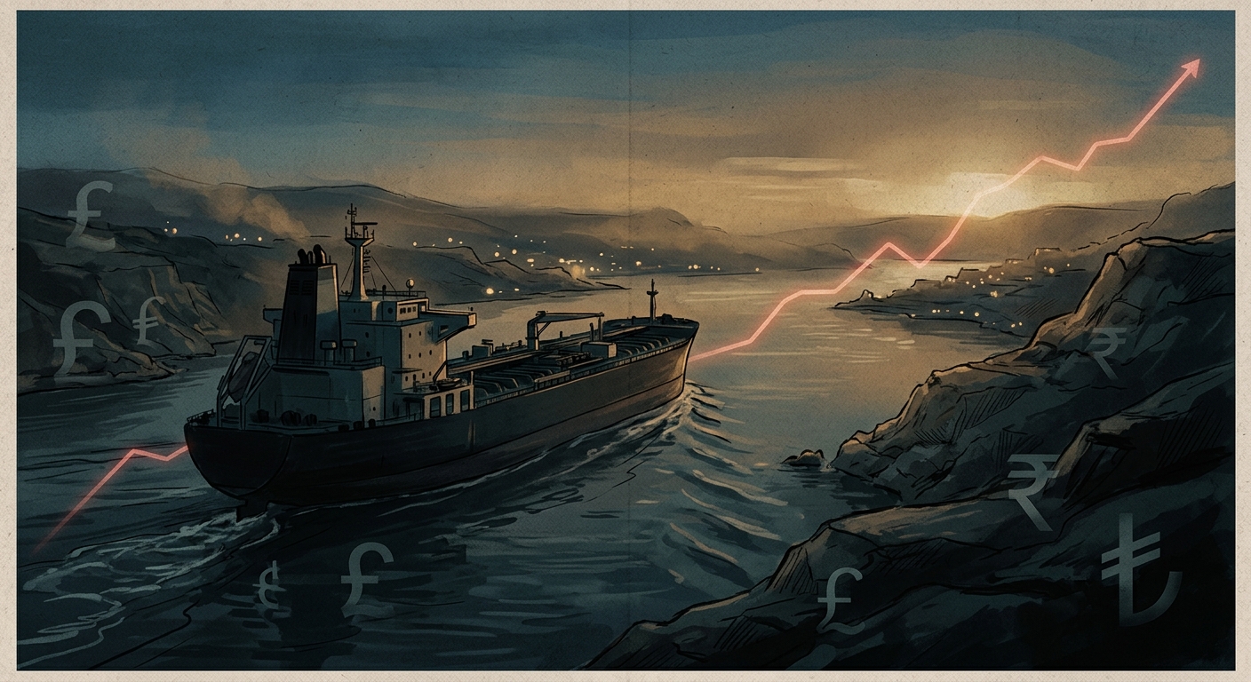 Editorial illustration: an oil tanker navigating a narrow strait at dusk, with an overlay of a rising inflation chart line and faint currency symbols fading into shadow.