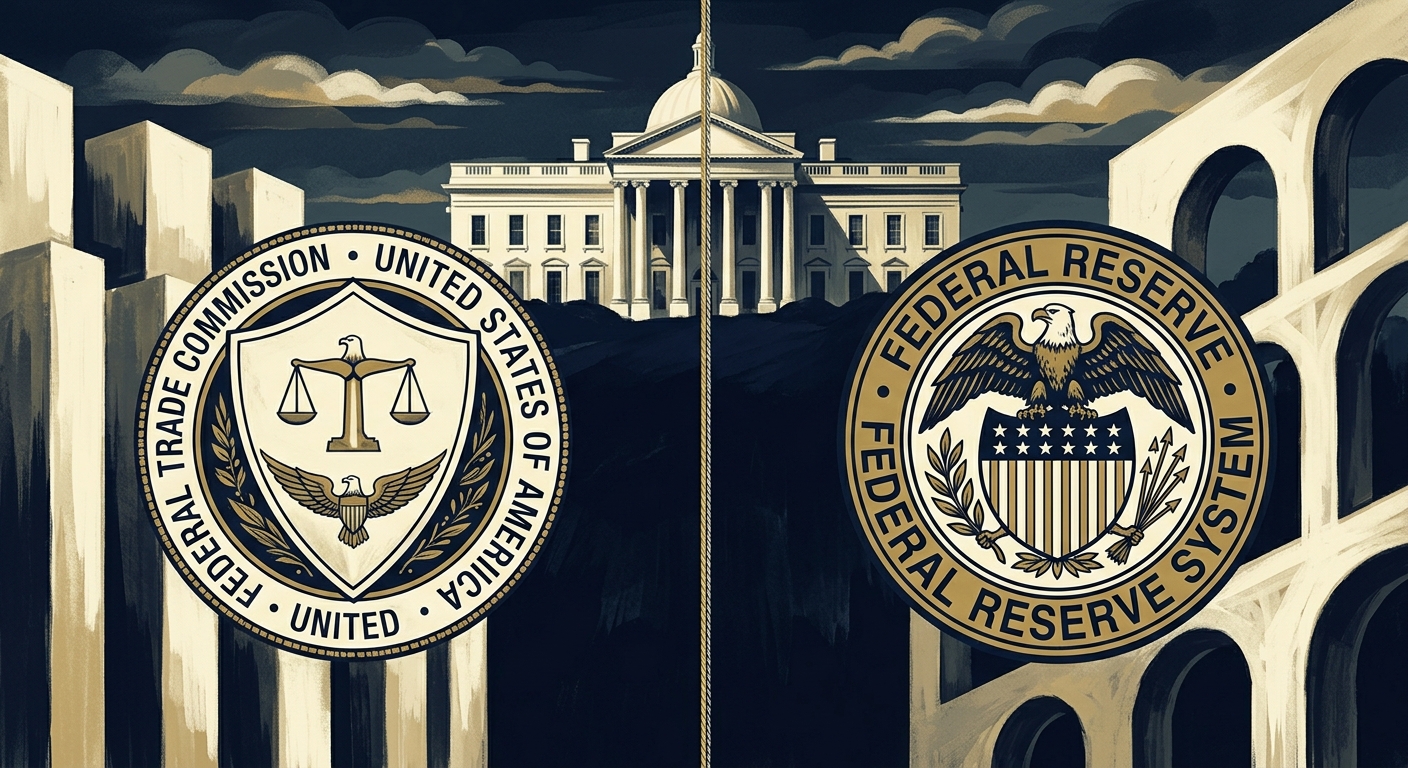 Editorial illustration: the Federal Trade Commission seal and Federal Reserve seal separated by a thin line, with the White House looming behind. Restrained, muted palette — navy, gold, ivory. Symbolic of divided independence.