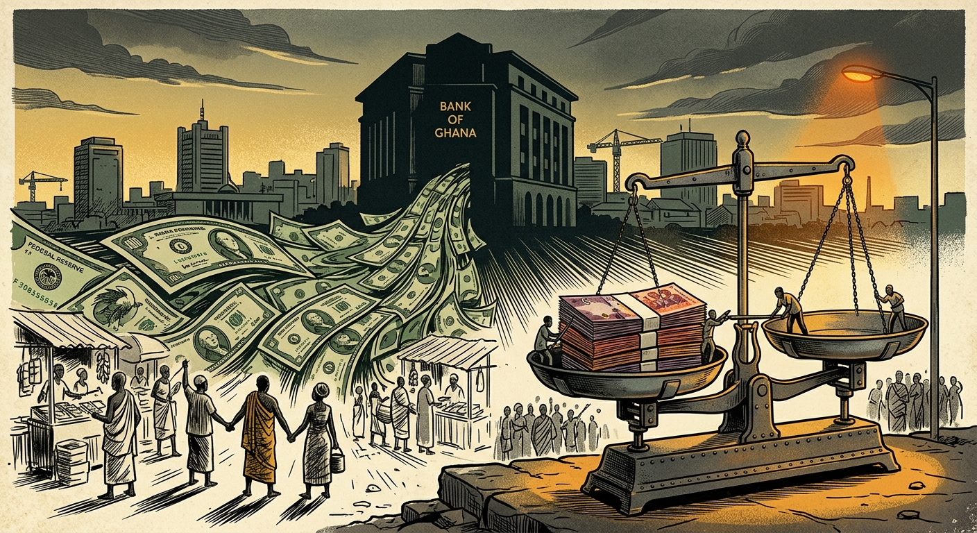 Editorial illustration: a Bank of Ghana building silhouette against the Accra skyline with stylized US dollar bills flowing outward into the market and Ghanaian cedi notes stabilizing on a scale. Muted gold and green tones, financial-newspaper aesthetic.