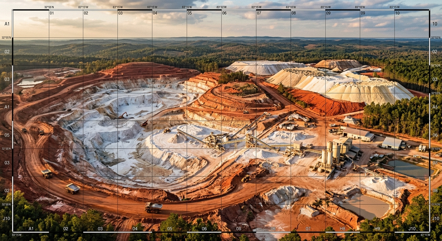 Aerial view of a Georgia kaolin mine and adjacent industrial tailings piles in the red-clay coastal plain, with a subtle overlay of geological survey grid lines