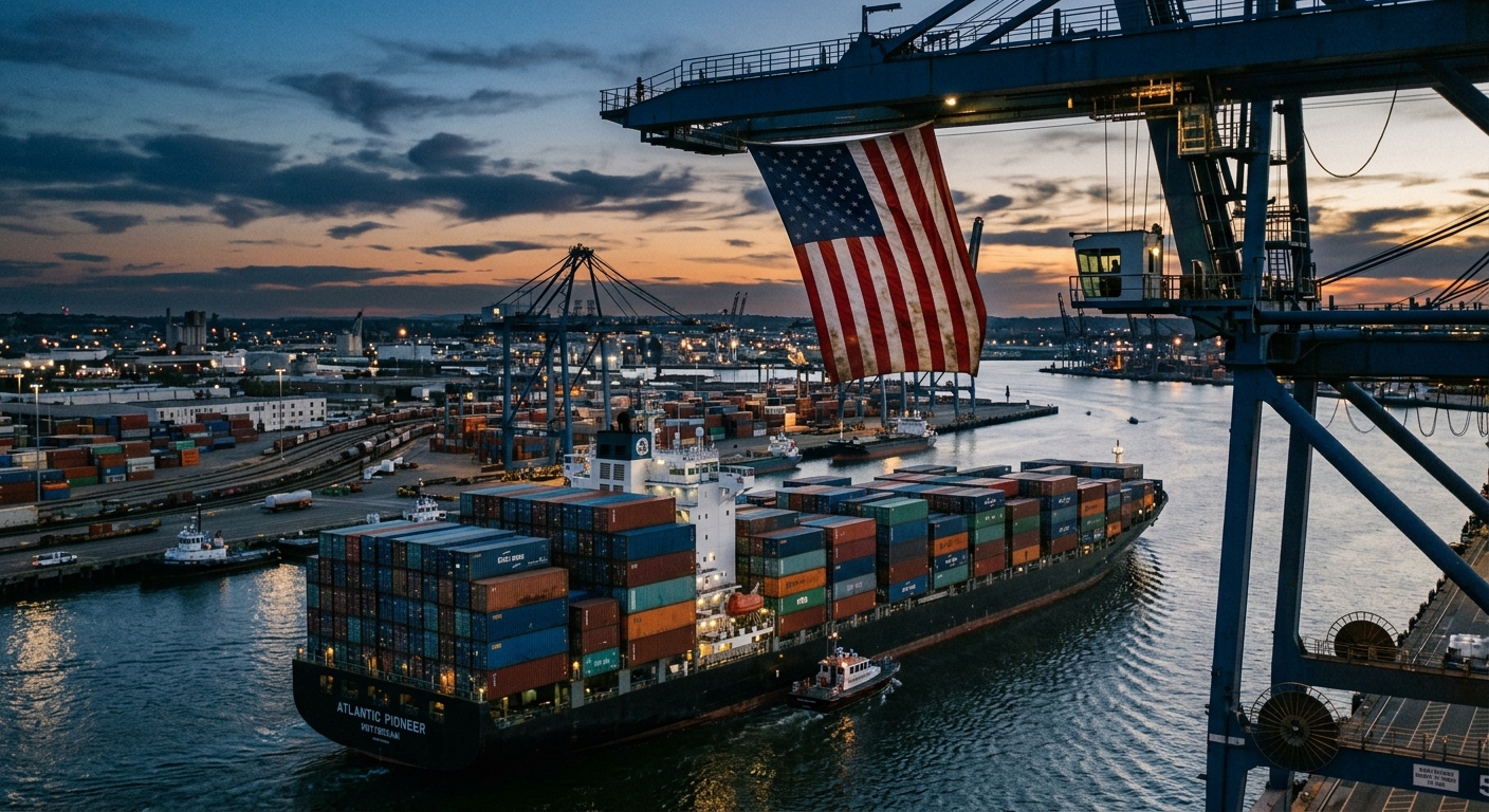 A container ship at a busy US port at dusk, stacked with multicolored shipping containers labeled with country codes, framed against an American flag hanging on a crane. Editorial, cinematic, muted tones.