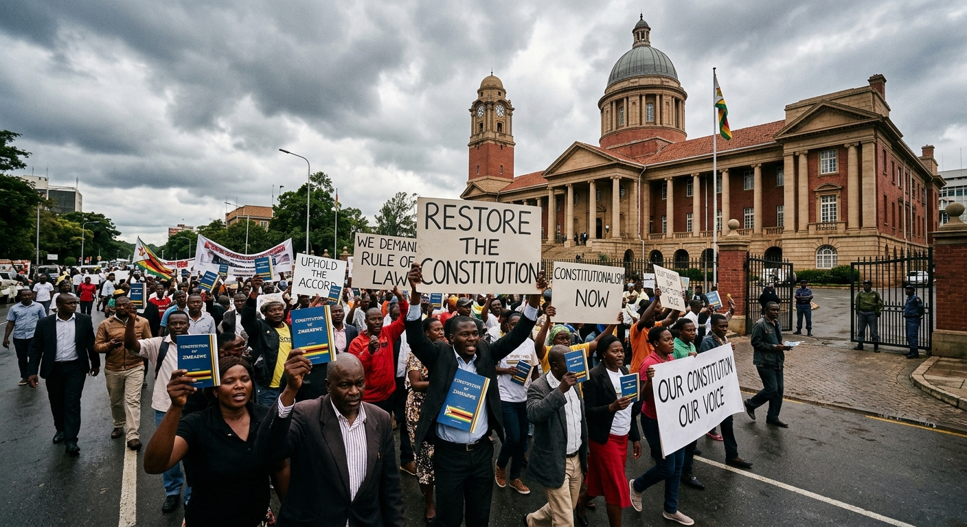 Zimbabwean parliament building in Harare with protesters holding constitution booklets outside