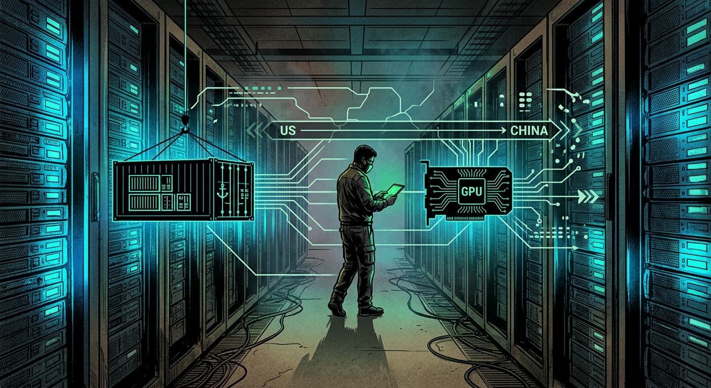 A dimly lit Southeast Asian data center corridor with rows of server racks glowing blue-green, an overlaid stylized US-China trade lane graphic with a Nvidia-style GPU silhouette and shipping container motifs.