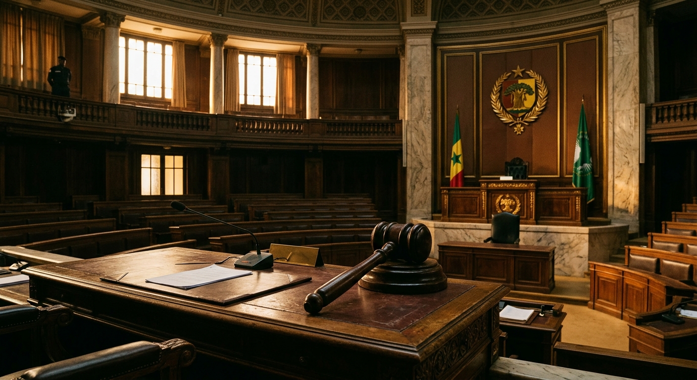 Photojournalistic image of Senegal's National Assembly in Dakar with a large gavel on the speaker's desk, empty presidential podium in the background, symbolizing a split between the executive and legislature.