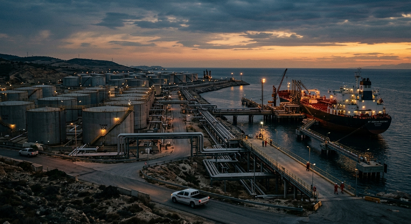 Editorial photograph of the Ceyhan oil terminal in Türkiye on the Mediterranean coast — storage tanks, pipeline infrastructure, and a tanker berth at dusk.