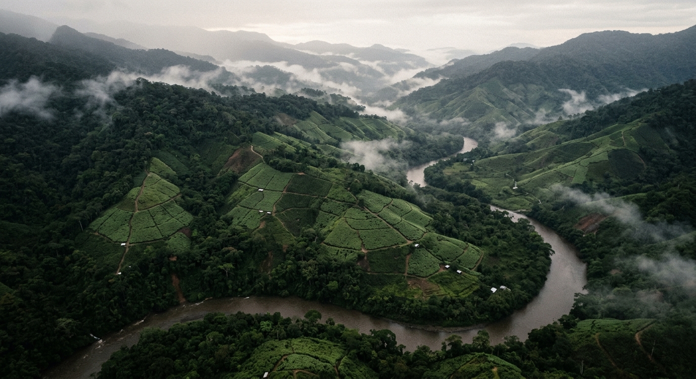 Aerial view of dense coca plantations in Colombian jungle